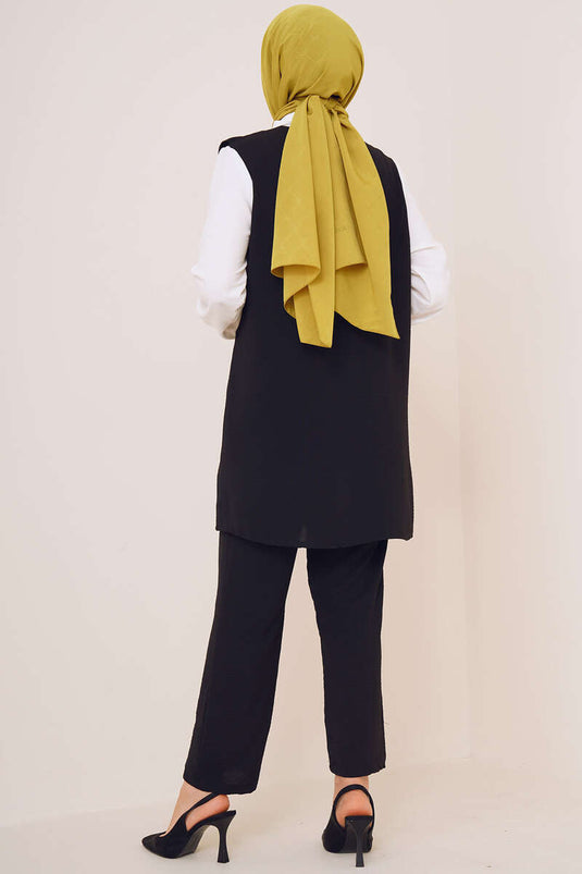 Black Two-Piece Set with Striped Sleeves