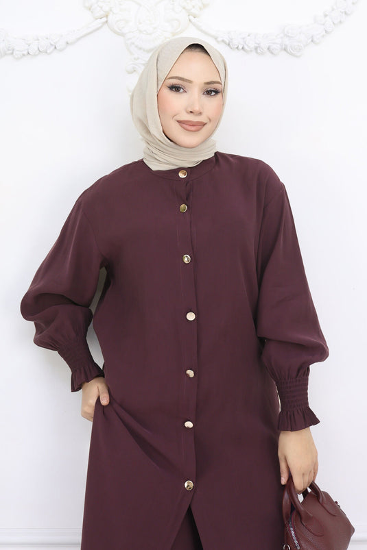 Kolları Gipeli Düğmeli Tunik Takım Bordo