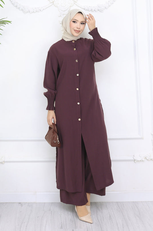 Kolları Gipeli Düğmeli Tunik Takım Bordo