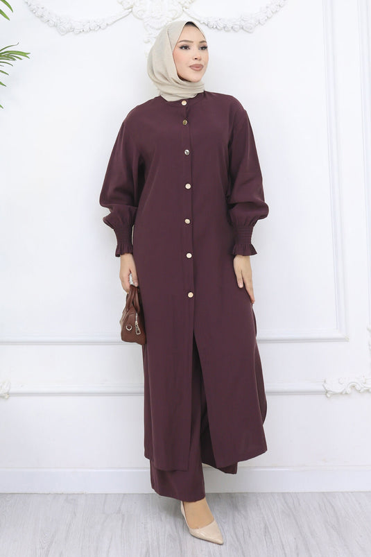 Kolları Gipeli Düğmeli Tunik Takım Bordo