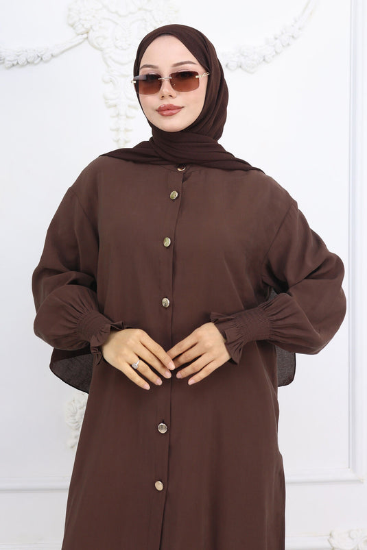 Pleated Sleeve Buttoned Tunic Set Brown