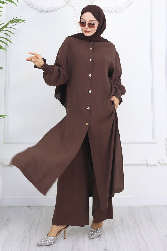 Pleated Sleeve Buttoned Tunic Set Brown