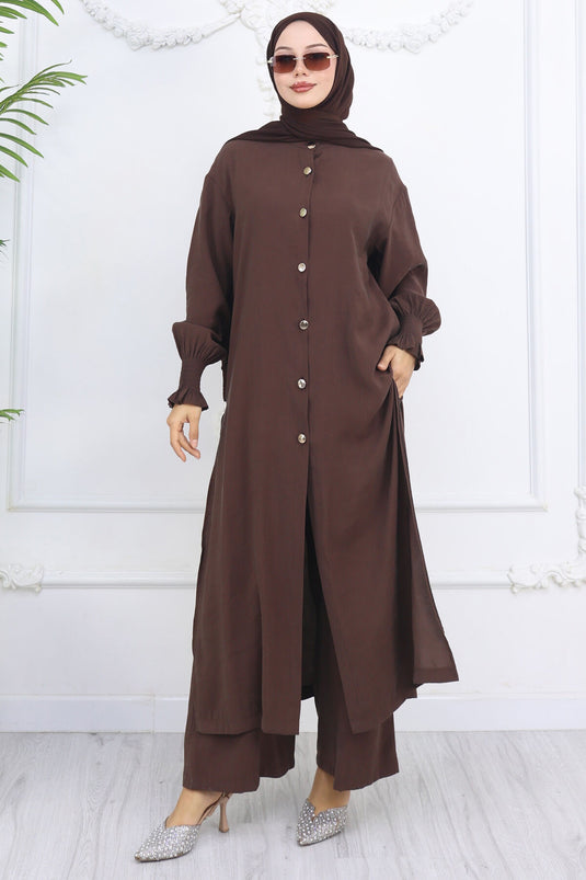 Pleated Sleeve Buttoned Tunic Set Brown