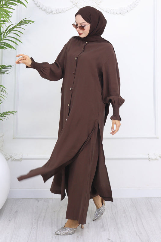Pleated Sleeve Buttoned Tunic Set Brown