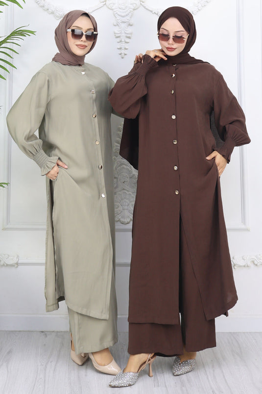 Pleated Sleeve Buttoned Tunic Set Brown