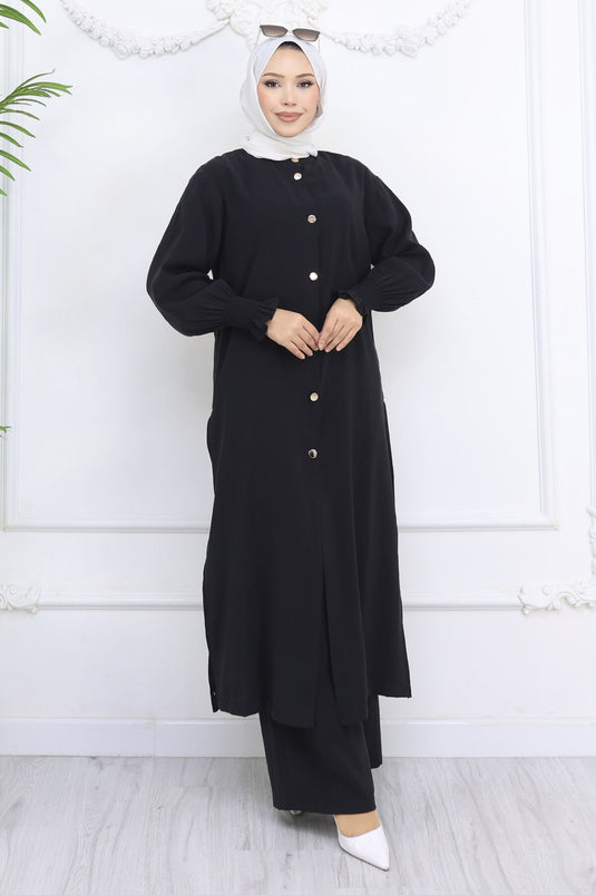 Tunic Set with Pleated Sleeves and Buttons Black