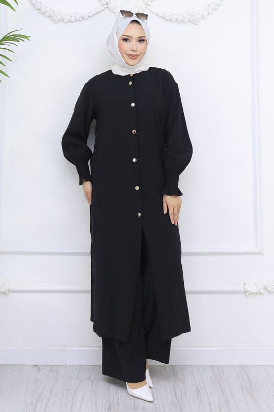 Tunic Set with Pleated Sleeves and Buttons Black