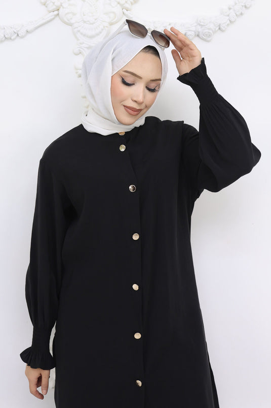 Tunic Set with Pleated Sleeves and Buttons Black