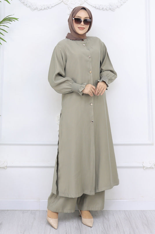 Kolları Gipeli Düğmeli Tunik Takım Yağ Yeşil