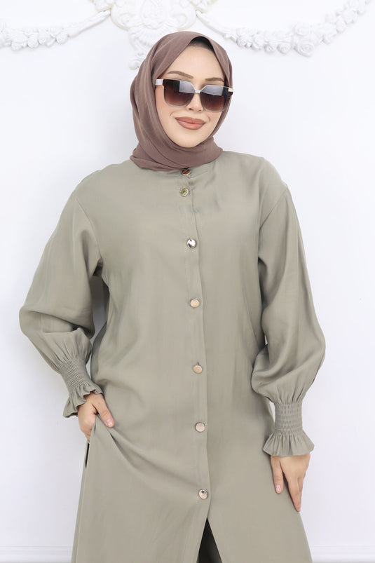 Kolları Gipeli Düğmeli Tunik Takım Yağ Yeşil