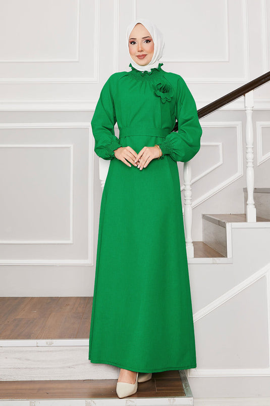 Kolları Gipeli Gül Broşlu Tesettür Elbise Benetton