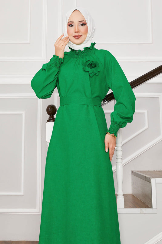 Kolları Gipeli Gül Broşlu Tesettür Elbise Benetton