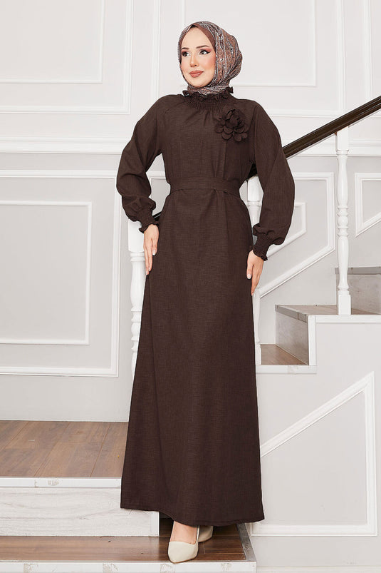 Hijab Dress with Rose Brooch and Gipel Sleeves Brown