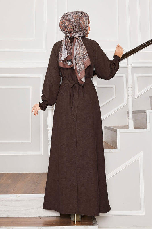 Hijab Dress with Rose Brooch and Gipel Sleeves Brown