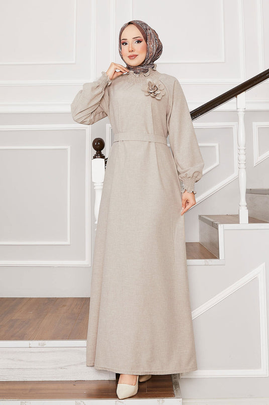 Hijab Dress with Rose Brooch and Stone Sleeves
