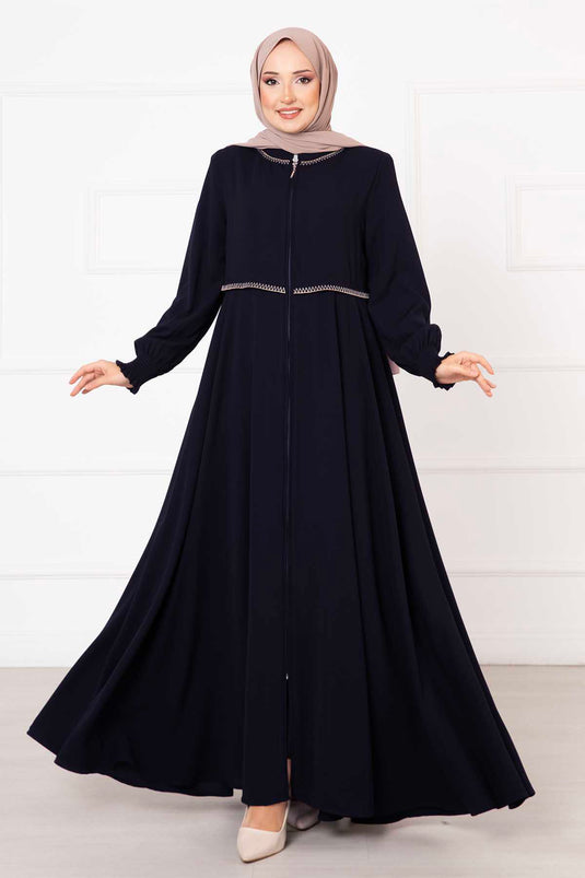 Sleeved Embroidered Abaya Navy Blue