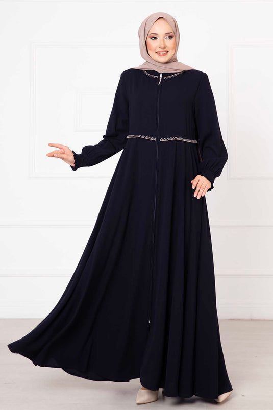 Sleeved Embroidered Abaya Navy Blue