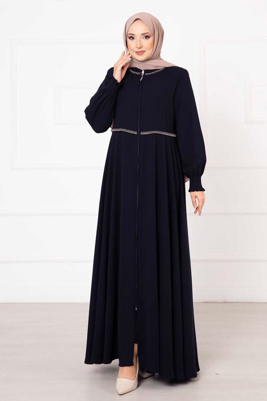 Sleeved Embroidered Abaya Navy Blue