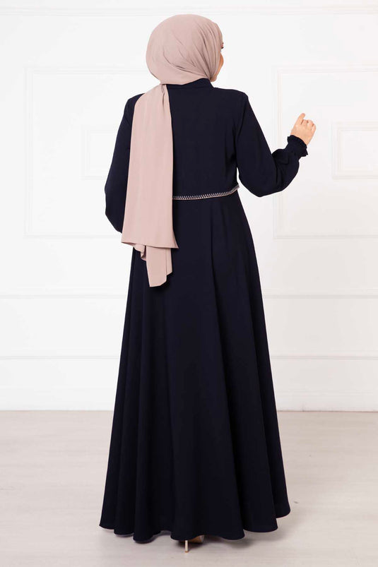 Sleeved Embroidered Abaya Navy Blue