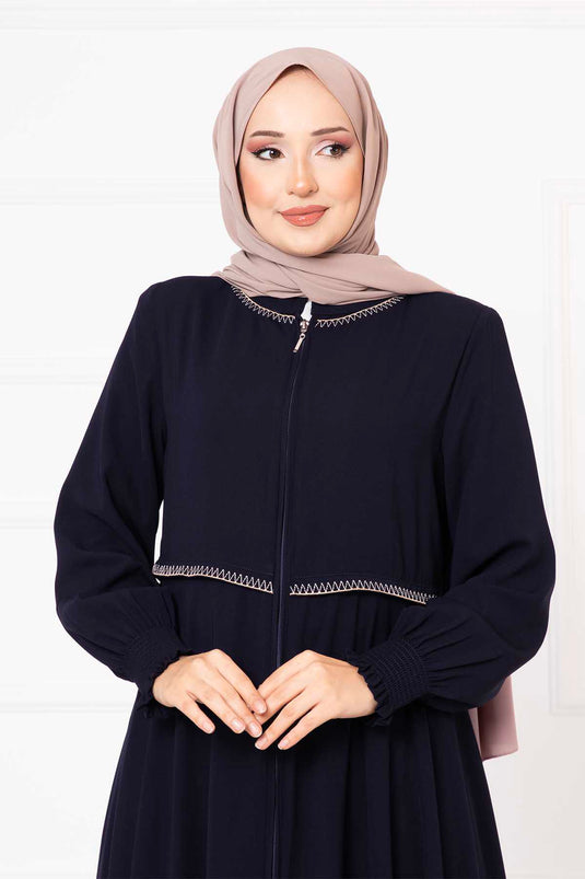 Sleeved Embroidered Abaya Navy Blue