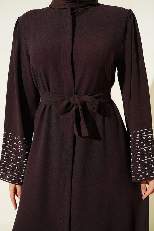 Kolları İnci Süslemeli Abaya Kahve