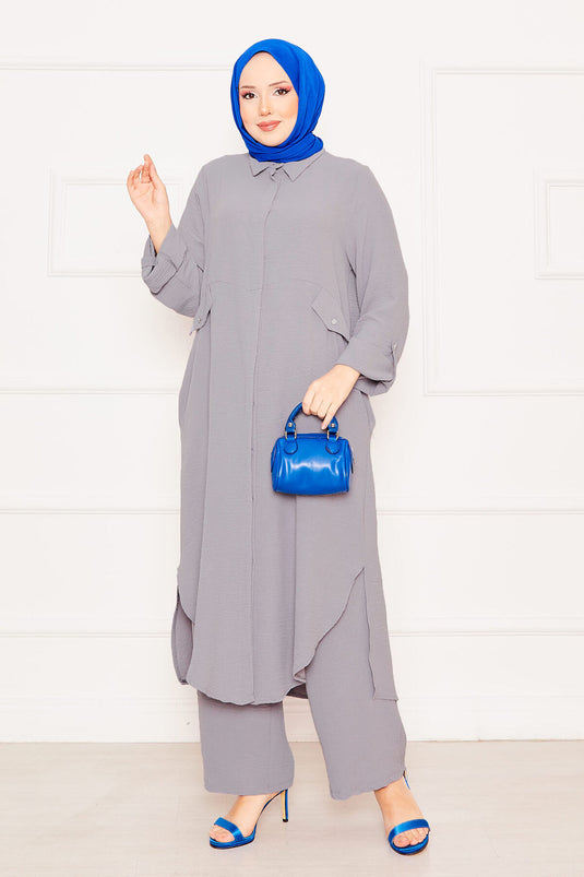 Lange Tunika-Hose Doppel-Hijab-Set mit faltbaren Ärmeln und Taschen Grau