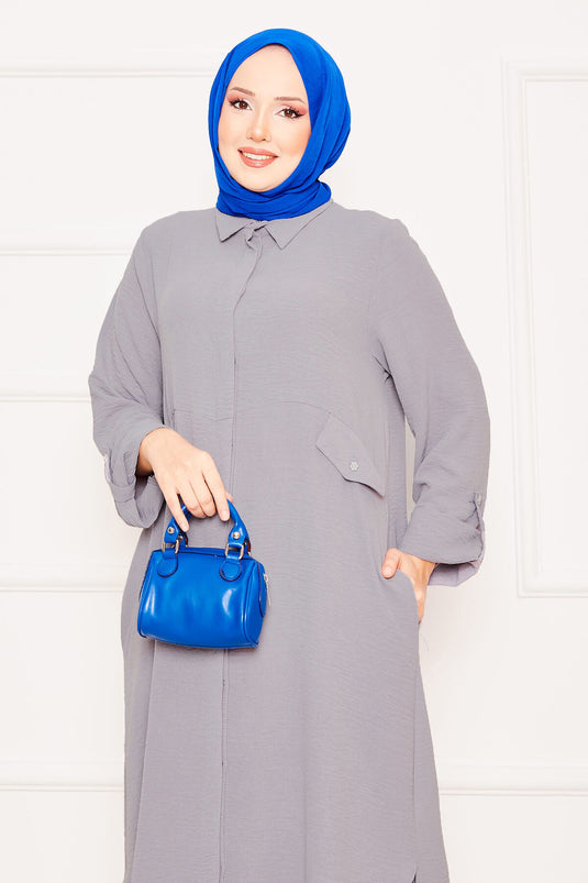 Lange Tunika-Hose Doppel-Hijab-Set mit faltbaren Ärmeln und Taschen Grau