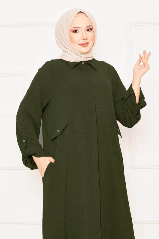 Long Tunic Trousers Double Hijab Set Khaki with Foldable Sleeves and Pockets