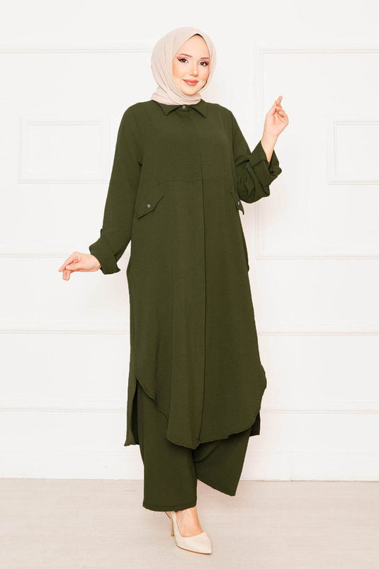 Long Tunic Trousers Double Hijab Set Khaki with Foldable Sleeves and Pockets