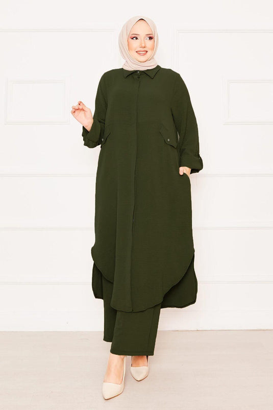 Long Tunic Trousers Double Hijab Set Khaki with Foldable Sleeves and Pockets