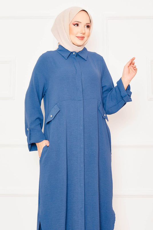 Lange tuniekbroek, dubbele hijabset met opvouwbare mouwen en zakken indigo