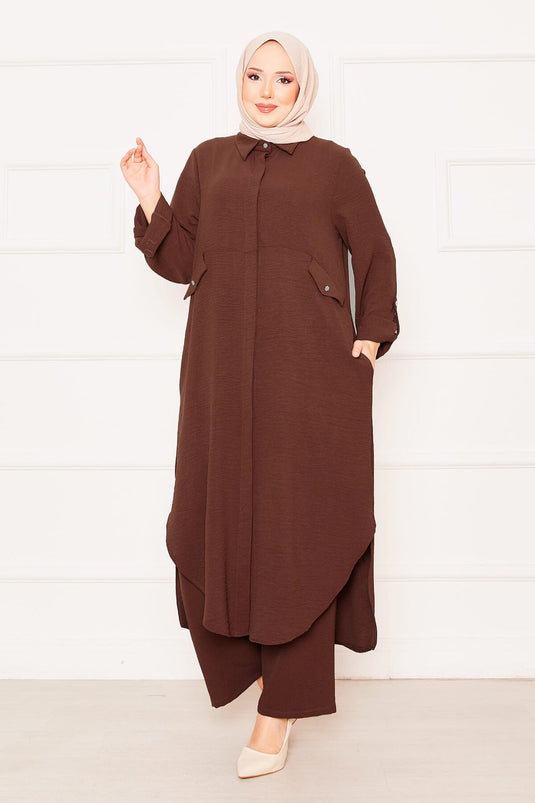 Kolları Katlanabilir Cepli Uzun Tunik Pantolon İkili Tesettür Takım Kahve