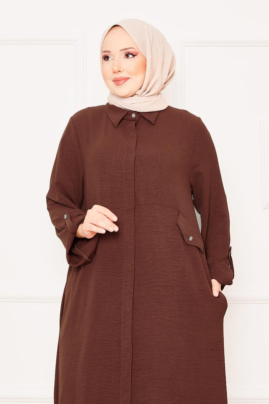 Kolları Katlanabilir Cepli Uzun Tunik Pantolon İkili Tesettür Takım Kahve