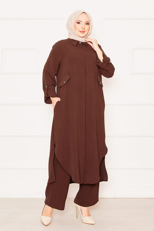 Kolları Katlanabilir Cepli Uzun Tunik Pantolon İkili Tesettür Takım Kahve