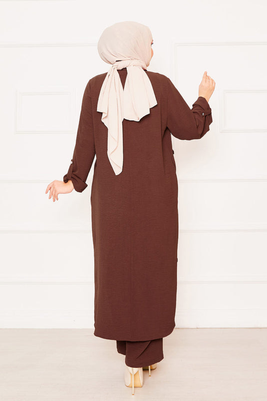 Kolları Katlanabilir Cepli Uzun Tunik Pantolon İkili Tesettür Takım Kahve