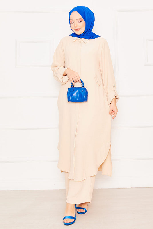 Kolları Katlanabilir Cepli Uzun Tunik Pantolon İkili Tesettür Takım Krem