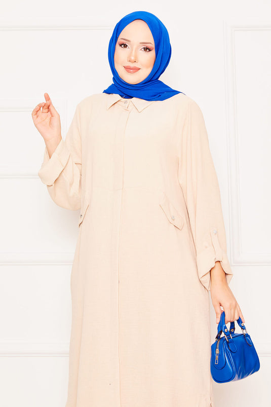 Kolları Katlanabilir Cepli Uzun Tunik Pantolon İkili Tesettür Takım Krem