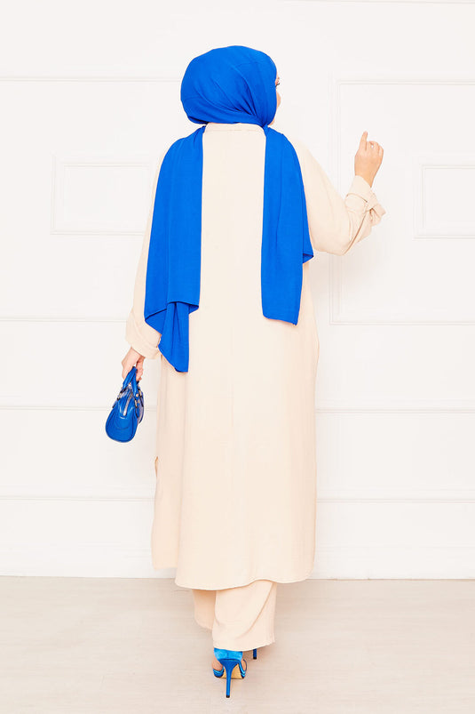 Kolları Katlanabilir Cepli Uzun Tunik Pantolon İkili Tesettür Takım Krem