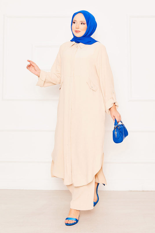 Kolları Katlanabilir Cepli Uzun Tunik Pantolon İkili Tesettür Takım Krem