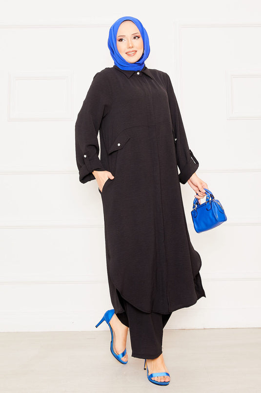 Kolları Katlanabilir Cepli Uzun Tunik Pantolon İkili Tesettür Takım Siyah