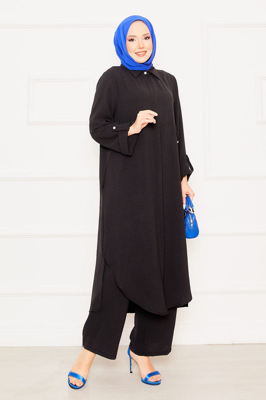 Kolları Katlanabilir Cepli Uzun Tunik Pantolon İkili Tesettür Takım Siyah