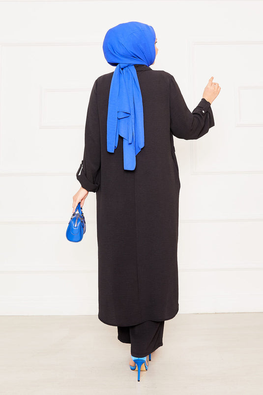 Kolları Katlanabilir Cepli Uzun Tunik Pantolon İkili Tesettür Takım Siyah