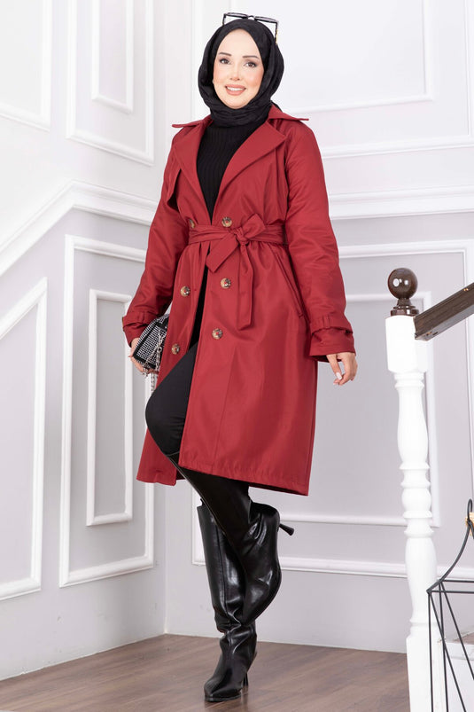 Long Trench Coat With Belt Detail And Sleeve Ties Burgundy