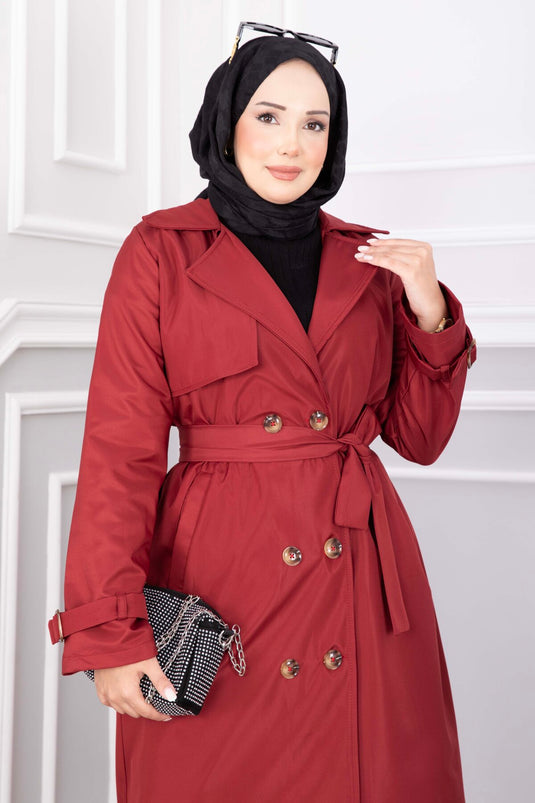 Kolları Kemer Detaylı Kuşaklı Uzun Trençkot Kırmızı