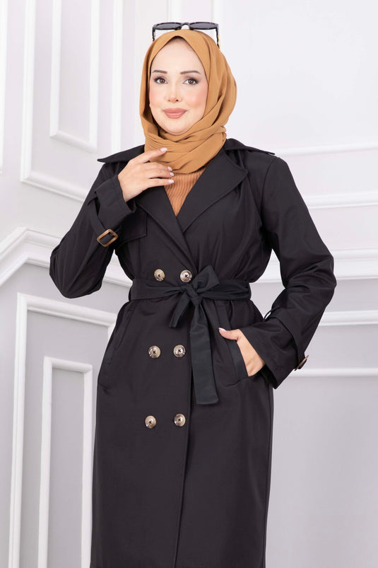 Langer Trenchcoat Mit Gürtel Und Ärmel-Details In Schwarz
