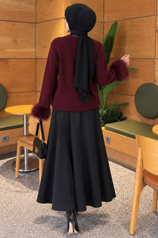 Bordeaux Strickjacke Mit Knöpfen Und Fellkragen