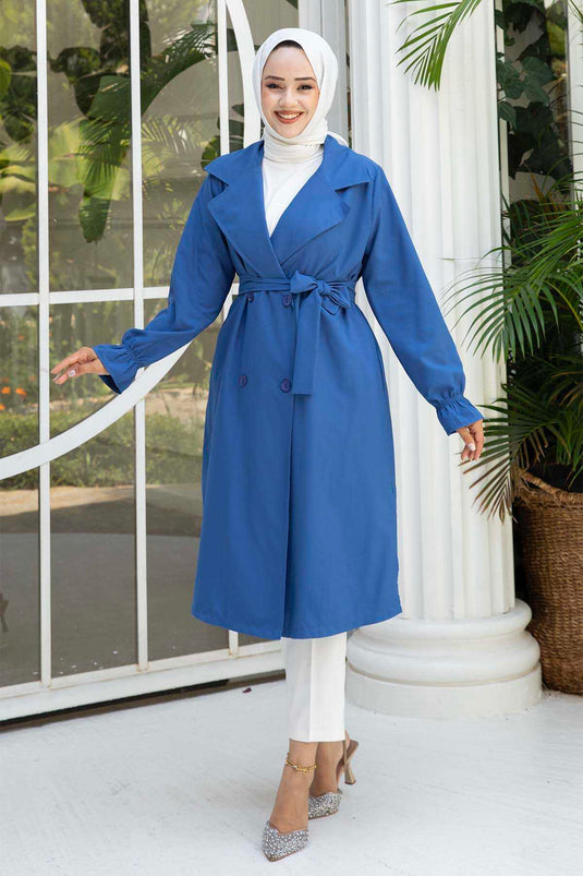 Trench con Maniche in Gomma e Cintura Mobile Indaco