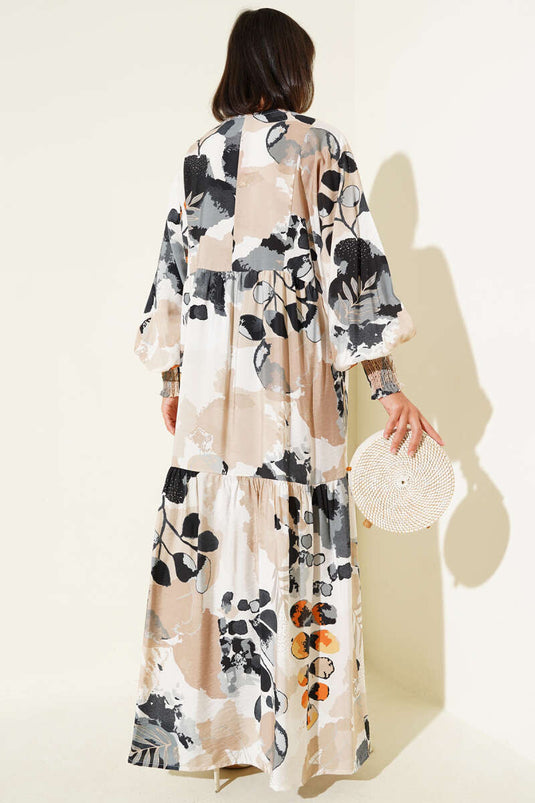 Robe à motifs avec manches élastiques, fumée