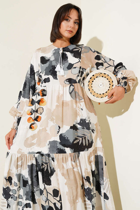 Robe à motifs avec manches élastiques, fumée