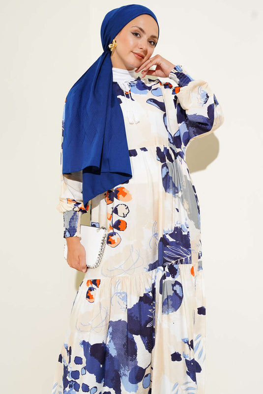 Gestreepte jurk met elastische mouwen, marineblauw